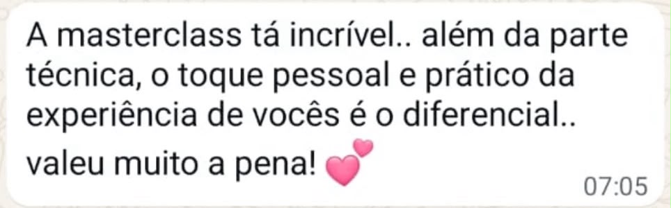 Mensagem de aluna Momin dizendo que a masterclass está incrível