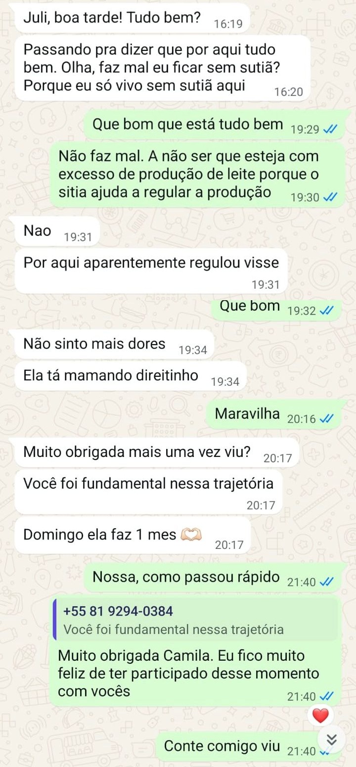 Mensagem do Suporte Momin no WhatsApp agradecendo após 1 mês de amamentação